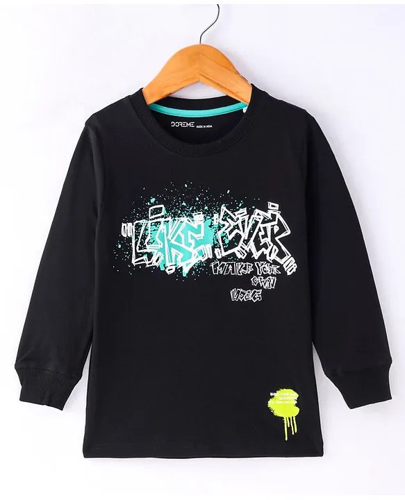 DoreMe Doreme Single Jersey Full Sleeves T-Shirt with Text Print - Black